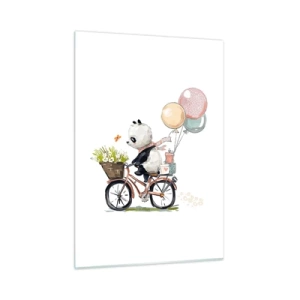 Glasbild - Bild auf glas - Ein Panda auf einem Fahrrad mit Luftballons und einem Blumenkorb. - 50x70cm - Glücklicher Tag - Moderne Wanddekoration für Wohnzimmer und Schlafzimmer ARTTOR
