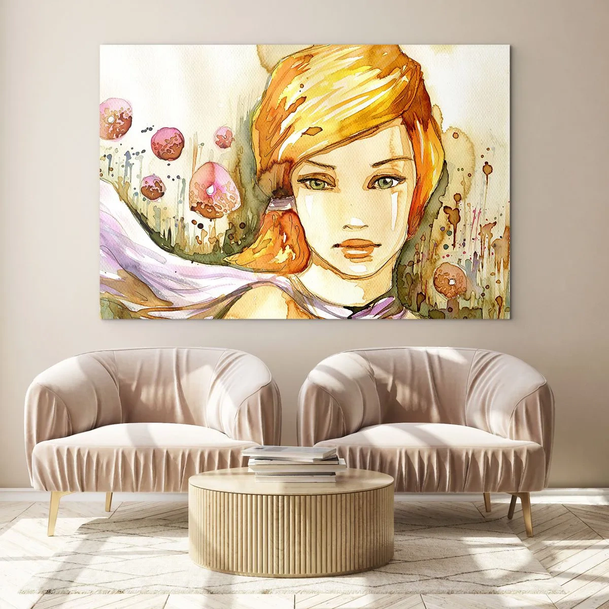 Glasbild - Bild auf glas - Porträt einer Frau im Aquarellstil mit Abstraktion - 70x50cm - Ein smaragdgrüner Look, der die Wut beruhigt - Moderne Wanddekoration für Wohnzimmer und Schlafzimmer ARTTOR