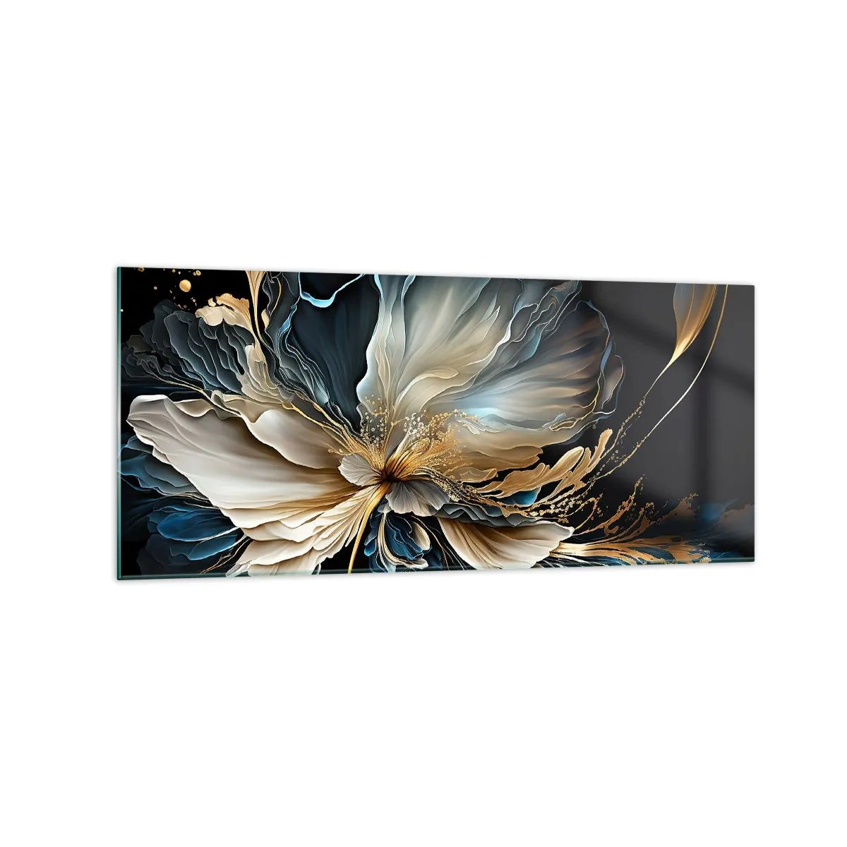 Glasbild - Bild auf glas - Eine Blume in Gold- und Marineblautönen auf schwarzem Hintergrund - 120x50cm - Märchenhafte Farnblume - Moderne Wanddekoration für Wohnzimmer und Schlafzimmer ARTTOR