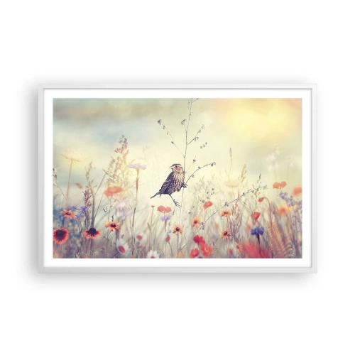 Poster in einem weißen Rahmen - Vogelporträt mit einer Wiese im Hintergrund - 91x61 cm