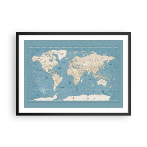 Poster in einem schwarzem Rahmen - Dekorative Weltkarte in Blau- und Beigetönen - 70x50cm - Die Welt liegt zum Greifen nah - Moderne Wanddekoration für Wohnzimmer und Schlafzimmer ARTTOR