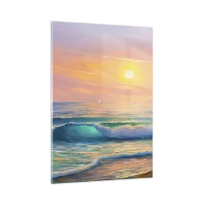 Glasbild - Bild auf glas - Meereslandschaft mit Wellen und Sonnenuntergang in Türkistönen - 50x70cm - Ein türkisfarbenes Lied der Wellen - Moderne Wanddekoration für Wohnzimmer und Schlafzimmer ARTTOR