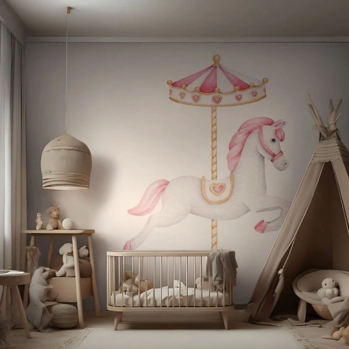 Fototapete Premium Sand - Ein weißes Pferd auf einem Karussell in rosa Farben - 100x70cm - Er legte los - Moderne Wanddekoration für Wohnzimmer und Schlafzimmer ARTTOR