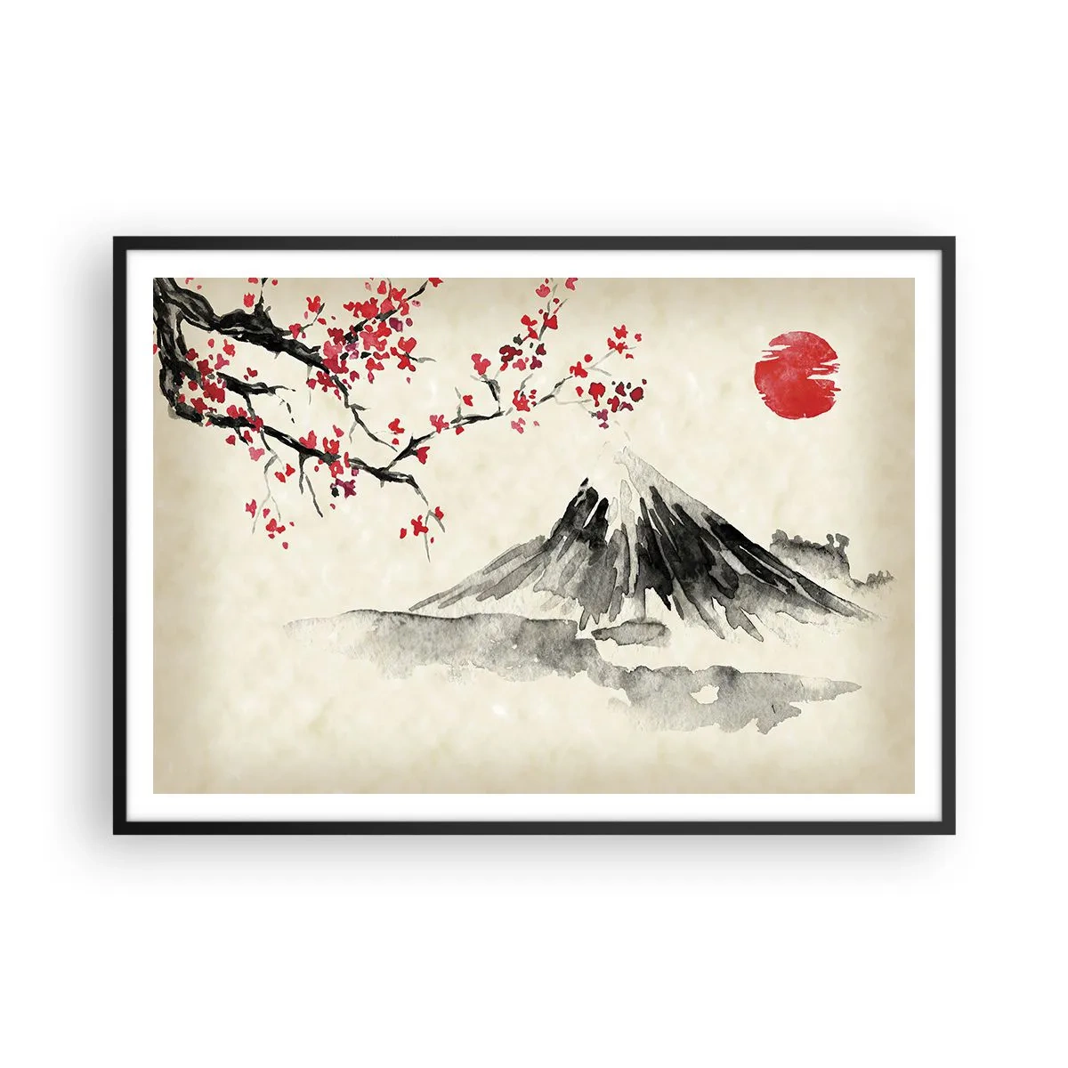 Poster in einem schwarzem Rahmen - Eine malerische Landschaft mit einem Berg, Kirschblüten und Sonnenschein - 100x70cm - Liebe Japan - Moderne Wanddekoration für Wohnzimmer und Schlafzimmer ARTTOR
