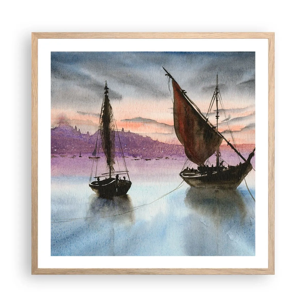 Poster in einem Rahmen aus heller Eiche - Abend am Hafen - 60x60 cm