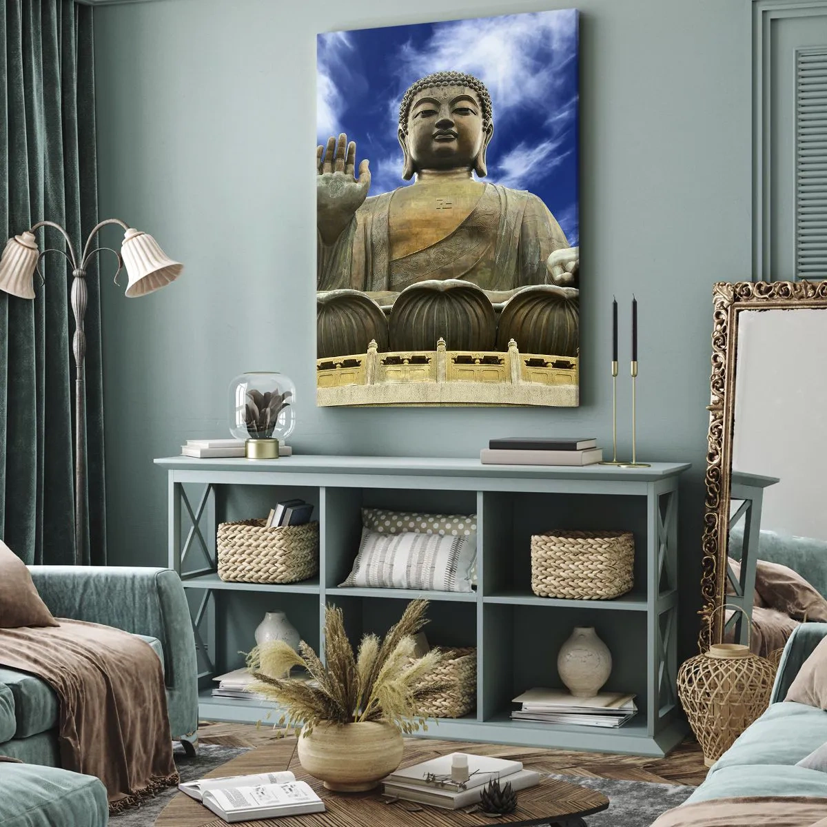 Bild auf Leinwand - Leinwandbild - Eine monumentale Buddha-Statue vor einem blauen Himmel mit Wolken - 80x120cm - Leben ohne Angst - Moderne Wanddekoration für Wohnzimmer und Schlafzimmer ARTTOR