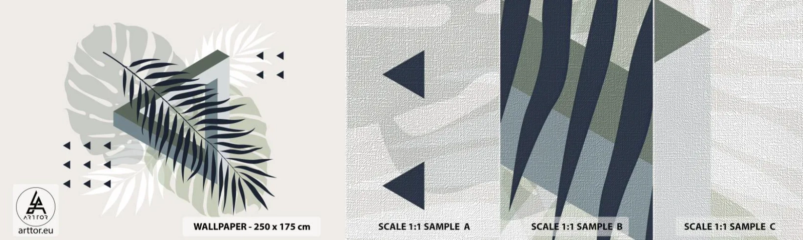 Fototapeten Muster Premium Canvas - Natur und Geometrie – zwei Ordnungen? - Monstera-Blatt, Palmblatt, Grafik - 100x30 cm