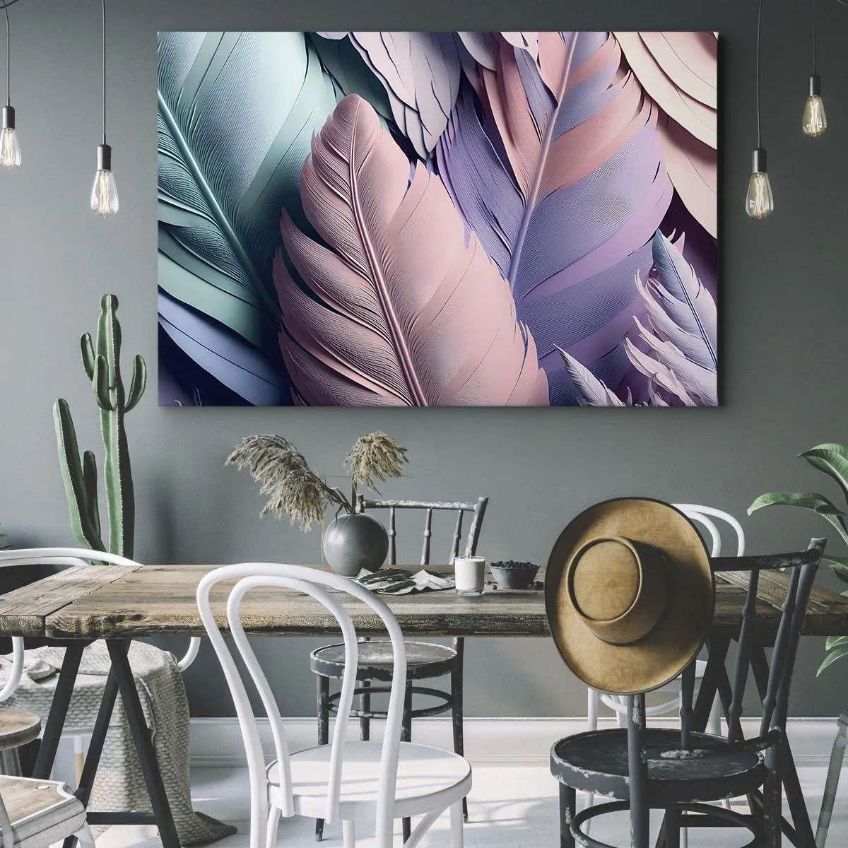 Bild auf Leinwand - Leinwandbild - Bunte Federn in Pastelltönen auf hellem Hintergrund - 70x50cm - Vogel-Chic - Moderne Wanddekoration für Wohnzimmer und Schlafzimmer ARTTOR