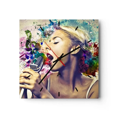 Wanduhr - Glasuhr - Künstlerisches Porträt einer singenden Frau mit farbenfrohen Effekten - 30x30cm - Malen Sie die Welt mit Ihrer Stimme - Moderne Wanddekoration für Wohnzimmer und Schlafzimmer ARTTOR