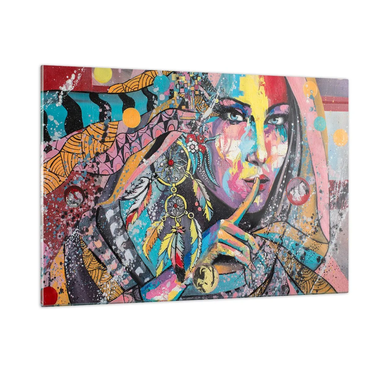 Glasbild - Bild auf glas - Farbenfrohes Frauenporträt mit ethnischen Motiven und Federn - 120x80cm - Sei still, bis du verstehst - Moderne Wanddekoration für Wohnzimmer und Schlafzimmer ARTTOR