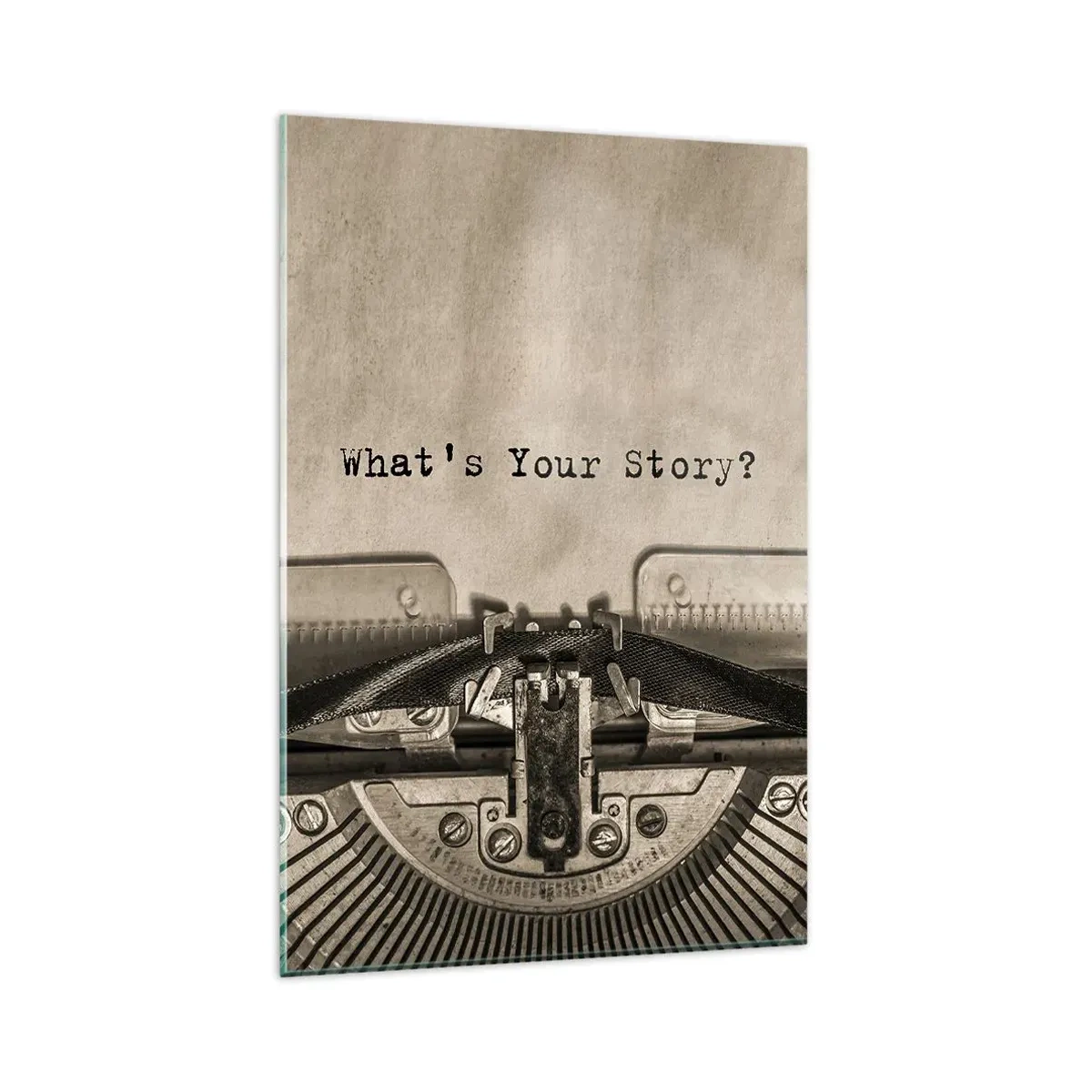 Glasbild - Bild auf glas - Eine Schreibmaschine mit den Worten „Was ist Ihre Geschichte?“ - 80x120cm - Erzähl es mir - Moderne Wanddekoration für Wohnzimmer und Schlafzimmer ARTTOR