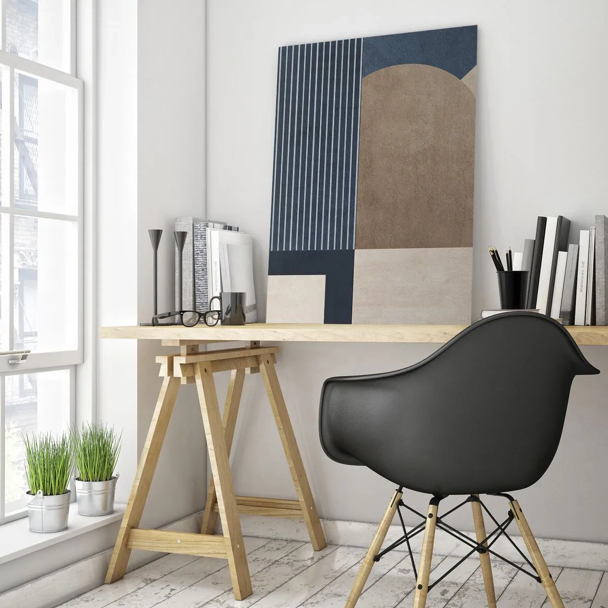 Glasbild - Bild auf glas - Geometrische Figuren in Beige- und Marineblautönen mit Linien - 80x120cm - Komposition aus Einfachheit und Rundheit - Moderne Wanddekoration für Wohnzimmer und Schlafzimmer ARTTOR