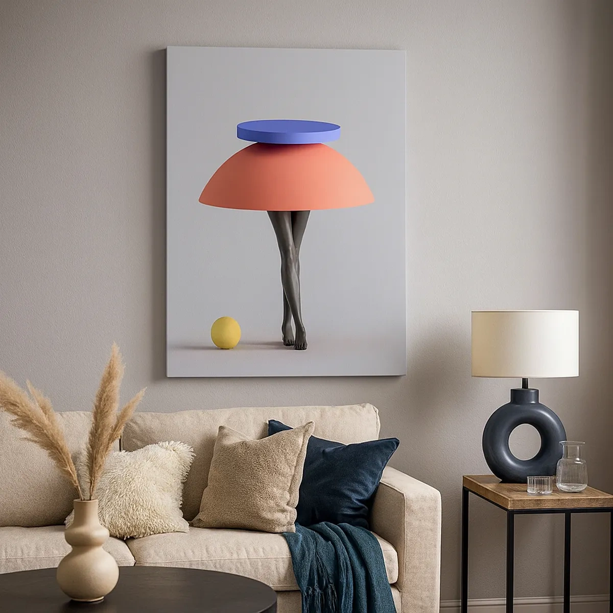 Bild auf Leinwand - Leinwandbild - Abstrakte geometrische Komposition mit Beinen und einem Ball - 50x70cm - Surrealistische Komposition - Moderne Wanddekoration für Wohnzimmer und Schlafzimmer ARTTOR