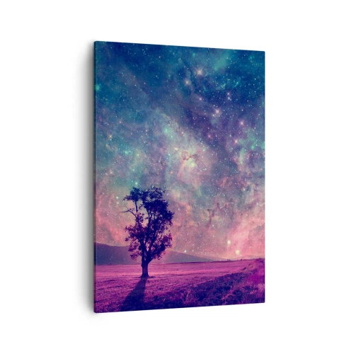 Bild auf Leinwand - Leinwandbild - Ein Baum vor einem Sternenhimmel in violetten und blauen Farben - 50x70cm - Unter dem magischen Himmel - Moderne Wanddekoration für Wohnzimmer und Schlafzimmer ARTTOR