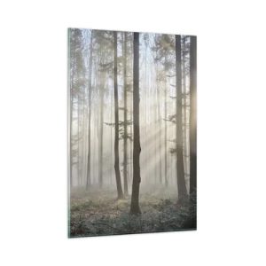 Glasbild - Bild auf glas - Ein Wald in leichtem Nebel mit Sonnenstrahlen, die durch die Bäume scheinen - 80x120cm - Der Nebel ist auch aufgewacht - Moderne Wanddekoration für Wohnzimmer und Schlafzimmer ARTTOR