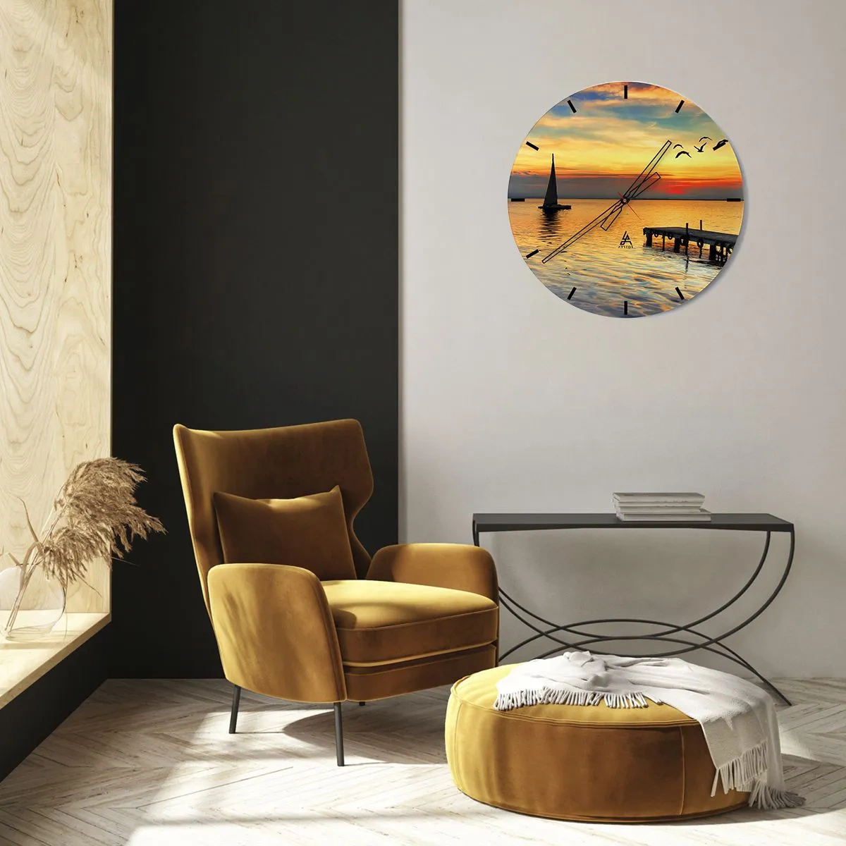 Wanduhr - Glasuhr - Yacht bei Sonnenuntergang mit Pier und Vögeln - 30x30cm - Abendrückkehr - Moderne Wanddekoration für Wohnzimmer, Küche und Schlafzimmer ARTTOR