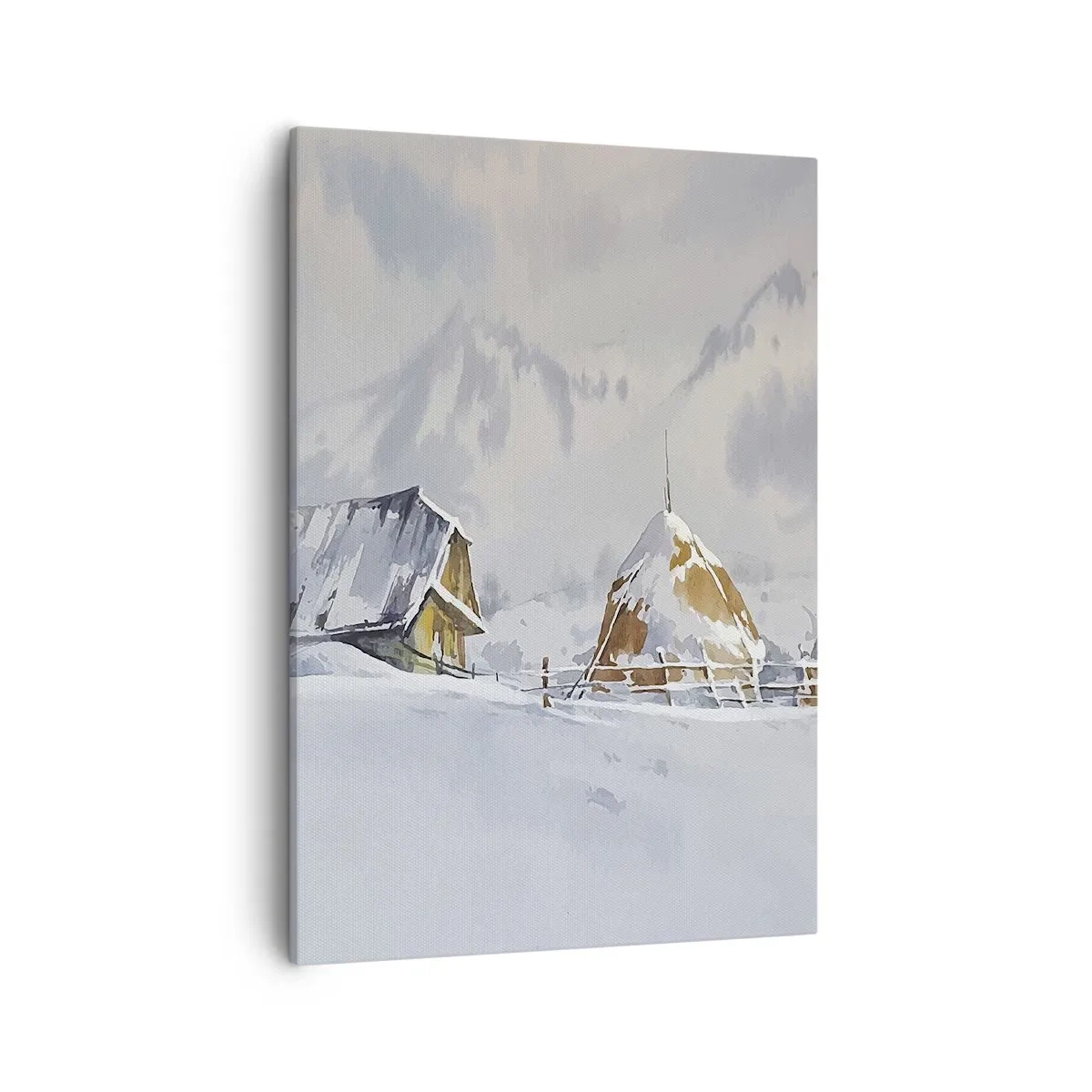 Bild auf Leinwand - Leinwandbild - Winterlandschaft mit Hütte und Heuhaufen in den Bergen - 50x70cm - In einem verschneiten Talkessel - Moderne Wanddekoration für Wohnzimmer und Schlafzimmer ARTTOR