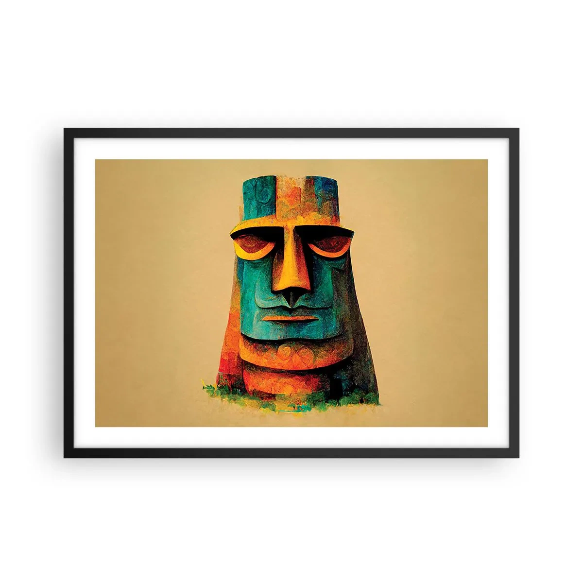 Poster in einem schwarzem Rahmen - Bunte Statue von der Osterinsel - 70x50cm - Statuenhaft und sympathisch - Moderne Wanddekoration für Wohnzimmer und Schlafzimmer ARTTOR