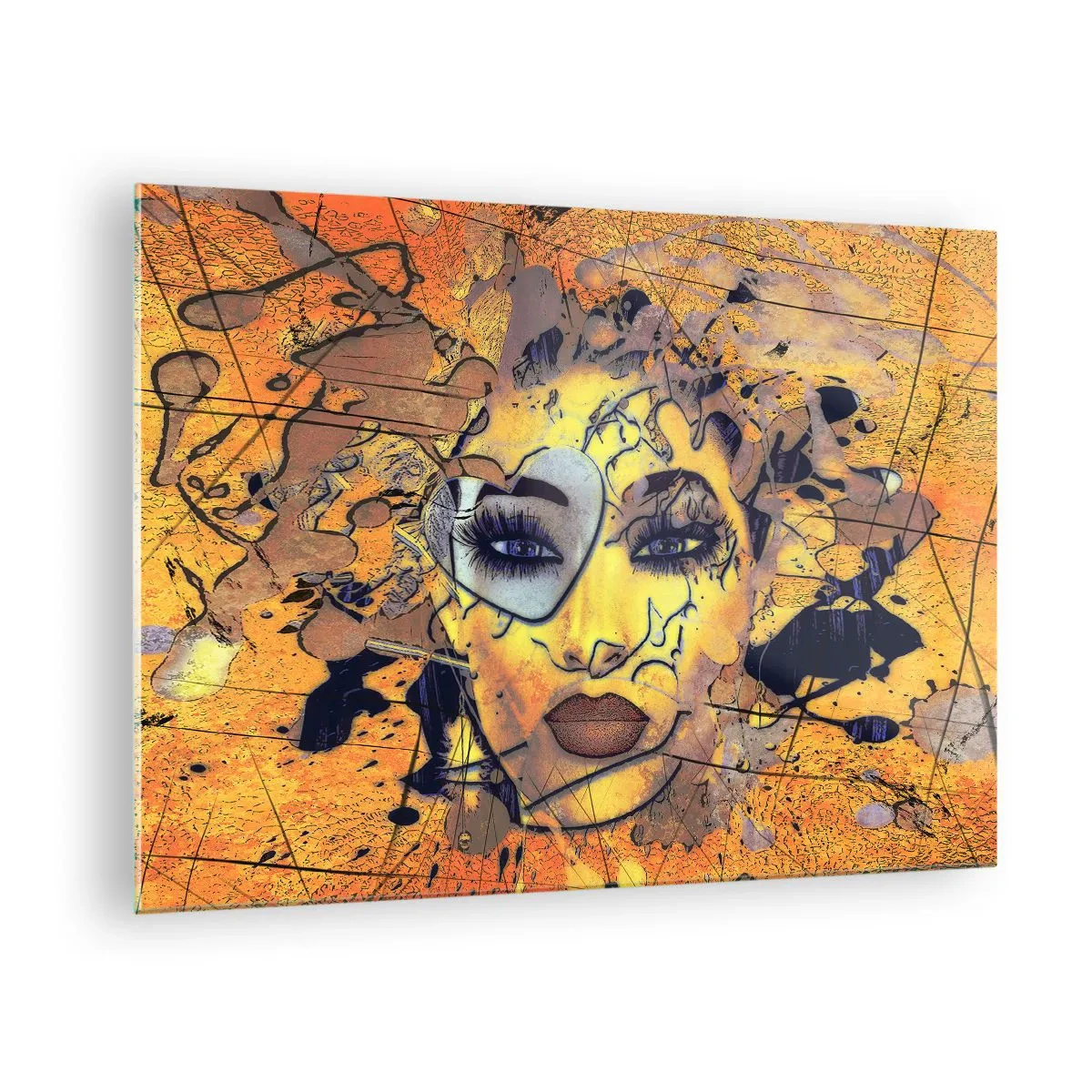 Glasbild - Bild auf glas - Abstraktes Frauengesicht in gold-orangen Tönen - 70x50cm - Sonnige Schönheit - Moderne Wanddekoration für Wohnzimmer und Schlafzimmer ARTTOR