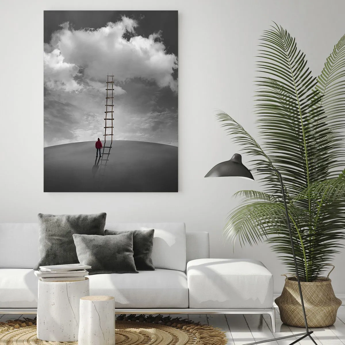 Glasbild - Bild auf glas - Eine Person betrachtet eine Leiter, die zu einer Wolke führt. - 50x70cm - Alles ist möglich - Moderne Wanddekoration für Wohnzimmer und Schlafzimmer ARTTOR