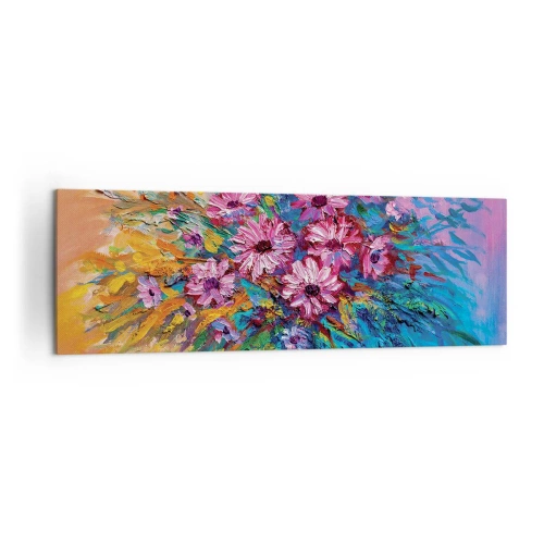 Bild auf Leinwand - Leinwandbild - Bunte Blumen in einem Strauß vor pastellfarbenem Hintergrund - 160x50cm - Lebensenergie - Moderne Wanddekoration für Wohnzimmer und Schlafzimmer ARTTOR