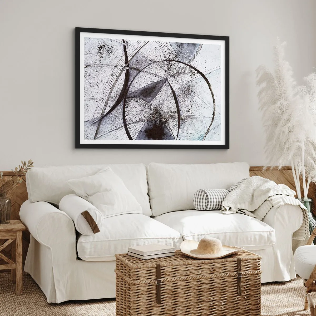 Poster in einem schwarzem Rahmen - Abstrakte Linien und Formen in Grau- und Schwarztönen - 100x70cm - Futuristische Fantasie - Moderne Wanddekoration für Wohnzimmer und Schlafzimmer ARTTOR