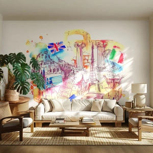 Fototapete Premium Sand - Europäische Symbole in einer Aquarellkomposition - 100x70cm - Europa Tour - Moderne Wanddekoration für Wohnzimmer und Schlafzimmer ARTTOR