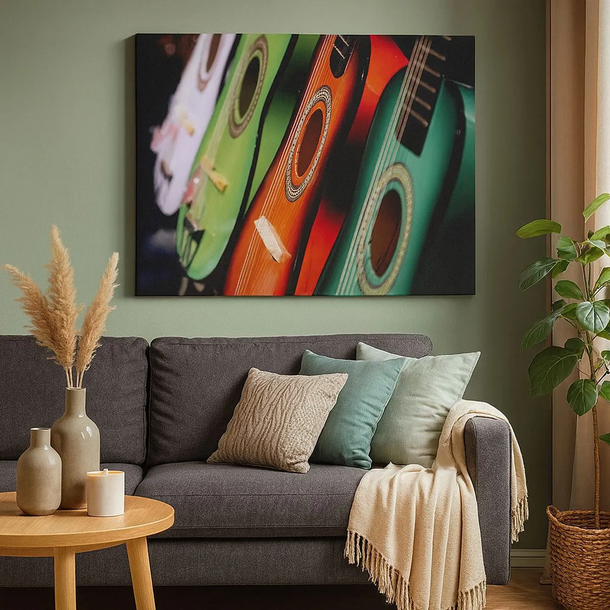 Bild auf Leinwand - Leinwandbild - Bunte Gitarren in verschiedenen Farbtönen in einer Reihe angeordnet - 70x50cm - Die Gitarre hat viele Farben - Moderne Wanddekoration für Wohnzimmer und Schlafzimmer ARTTOR
