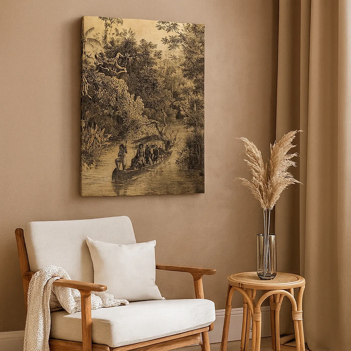 Bild auf Leinwand - Leinwandbild - Zeichnung eines Dschungels mit einem Boot auf einem Fluss - 50x70cm - Expedition zur Quelle - Moderne Wanddekoration für Wohnzimmer und Schlafzimmer ARTTOR