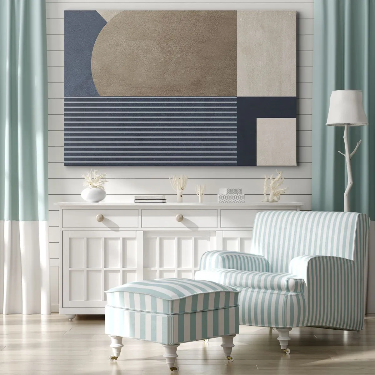 Bild auf Leinwand - Leinwandbild - Geometrische Figuren in Beige- und Marineblautönen mit Linien - 120x80cm - Komposition aus Einfachheit und Rundheit - Moderne Wanddekoration für Wohnzimmer und Schlafzimmer ARTTOR