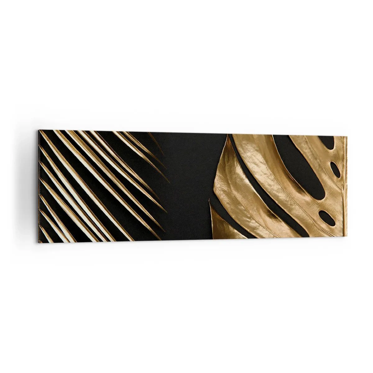 Bild auf Leinwand - Leinwandbild - Goldene Blätter auf schwarzem Hintergrund - 160x50cm - Anders und genauso teuer - Moderne Wanddekoration für Wohnzimmer und Schlafzimmer ARTTOR