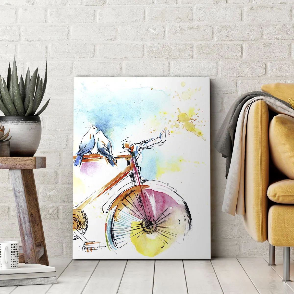 Bild auf Leinwand - Leinwandbild - Buntes Aquarell eines Fahrrads mit darauf sitzenden Vögeln - 50x70cm - Fahrrad für zwei - Moderne Wanddekoration für Wohnzimmer und Schlafzimmer ARTTOR