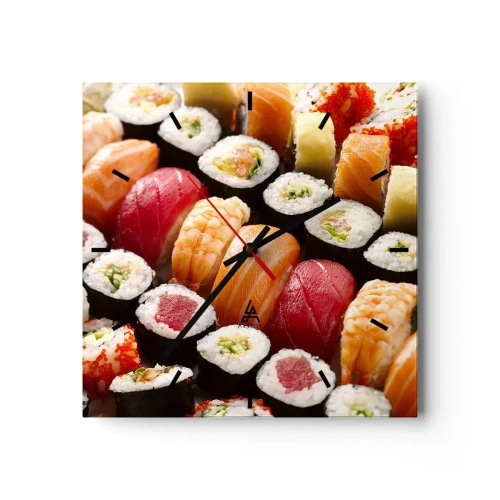 Wanduhr - Glasuhr - Buntes Sushi in Reihen angeordnet mit verschiedenen Toppings - 30x30cm - Farben und Aromen Asiens - Moderne Wanddekoration für Wohnzimmer und Schlafzimmer ARTTOR