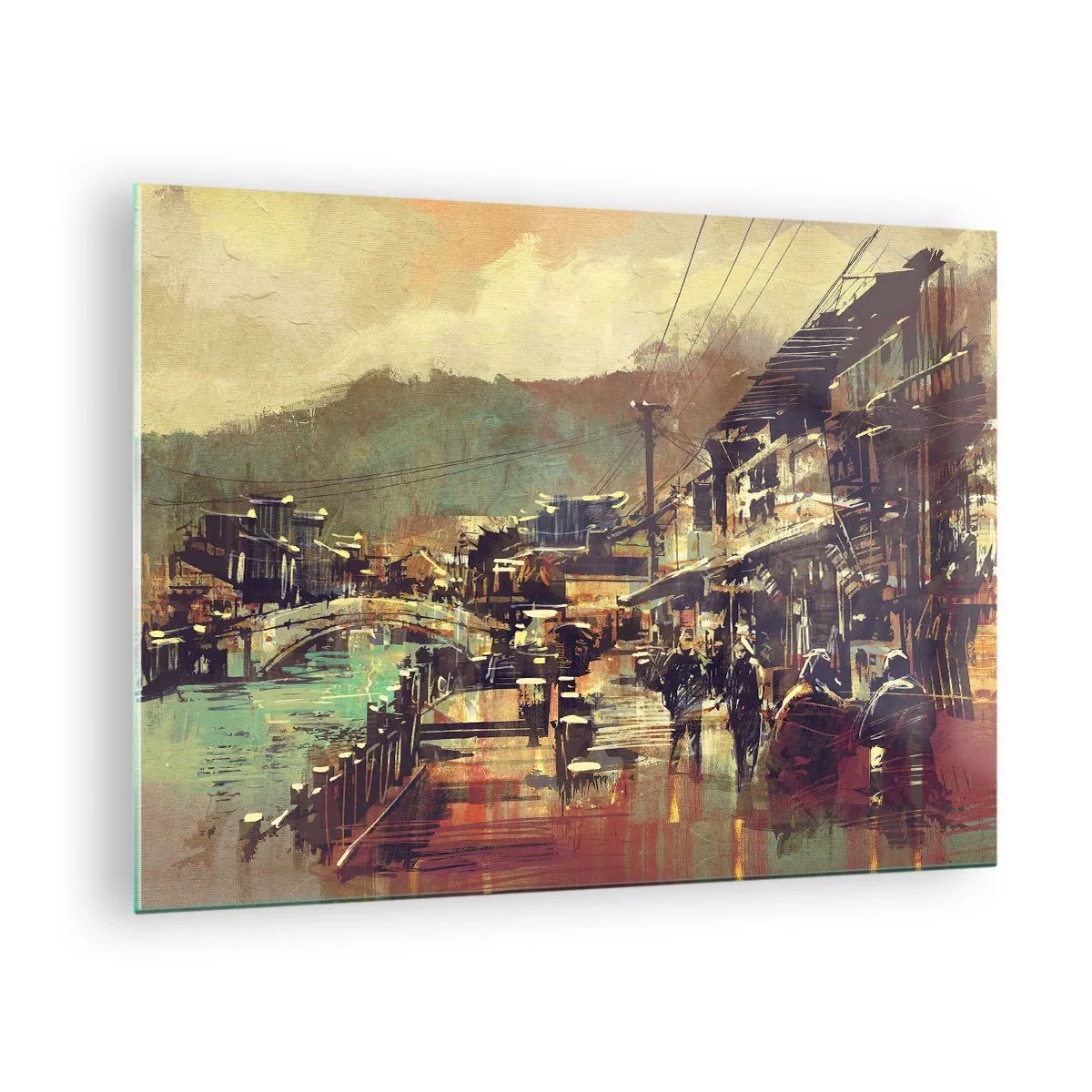 Glasbild - Bild auf glas - Eine Straßenlandschaft im malerischen Stil mit Brücken- und Kanalmotiv. - 70x50cm - Das Leben als Reichtum an Grau - Moderne Wanddekoration für Wohnzimmer und Schlafzimmer ARTTOR
