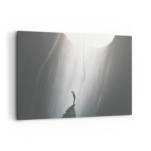 Bild auf Leinwand - Leinwandbild - Silhouette eines Mannes auf dem Boden einer Höhle mit Blick auf das Licht - 120x80cm - Es gibt immer einen Ausweg - Moderne Wanddekoration für Wohnzimmer und Schlafzimmer ARTTOR
