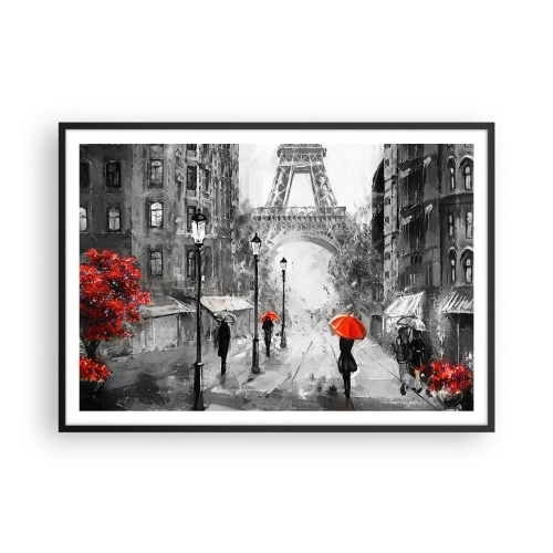 Poster in einem schwarzem Rahmen - Eine Straße mit Blick auf den Eiffelturm und roten Regenschirmen - 100x70cm - Alle Wege führen zu ihr - Moderne Wanddekoration für Wohnzimmer und Schlafzimmer ARTTOR