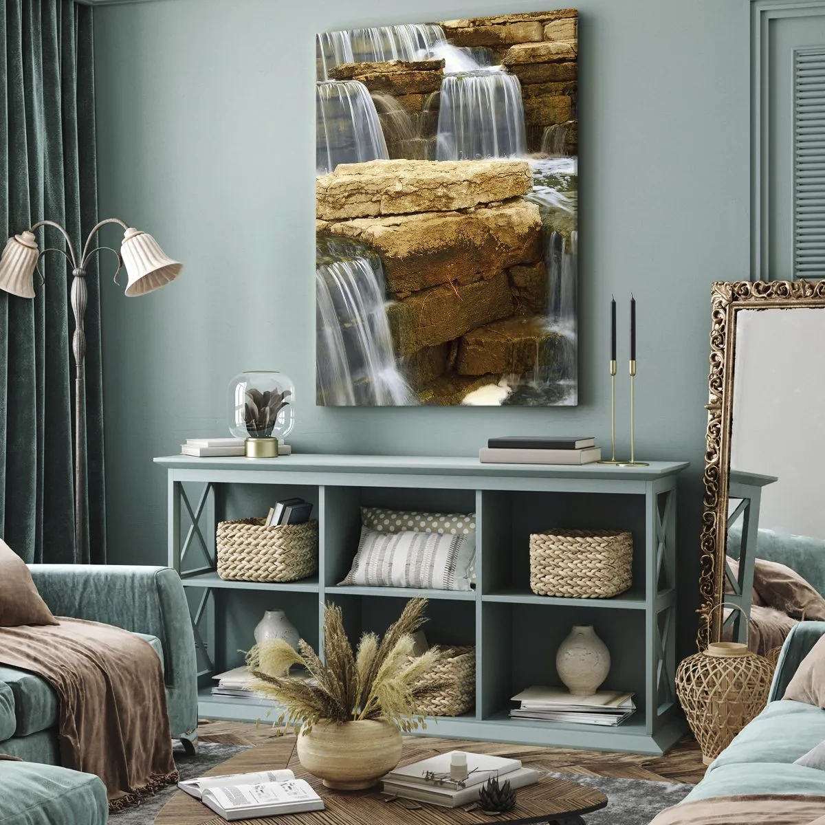 Bild auf Leinwand - Leinwandbild - Ein Wasserfall, der Steinstufen hinunterfließt - 70x100cm - Treppe zum Himmel - Moderne Wanddekoration für Wohnzimmer und Schlafzimmer ARTTOR