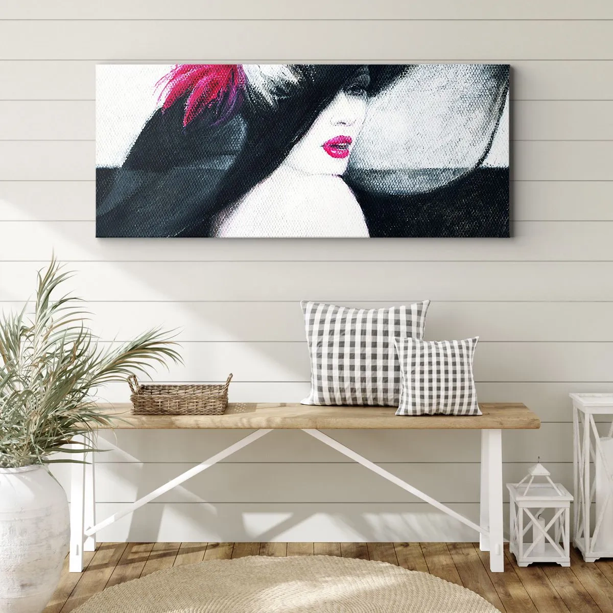 Bild auf Leinwand - Leinwandbild - Stilvolle Frau mit Federhut - 140x50cm - Immer ein Geheimnis - Moderne Wanddekoration für Wohnzimmer und Schlafzimmer ARTTOR