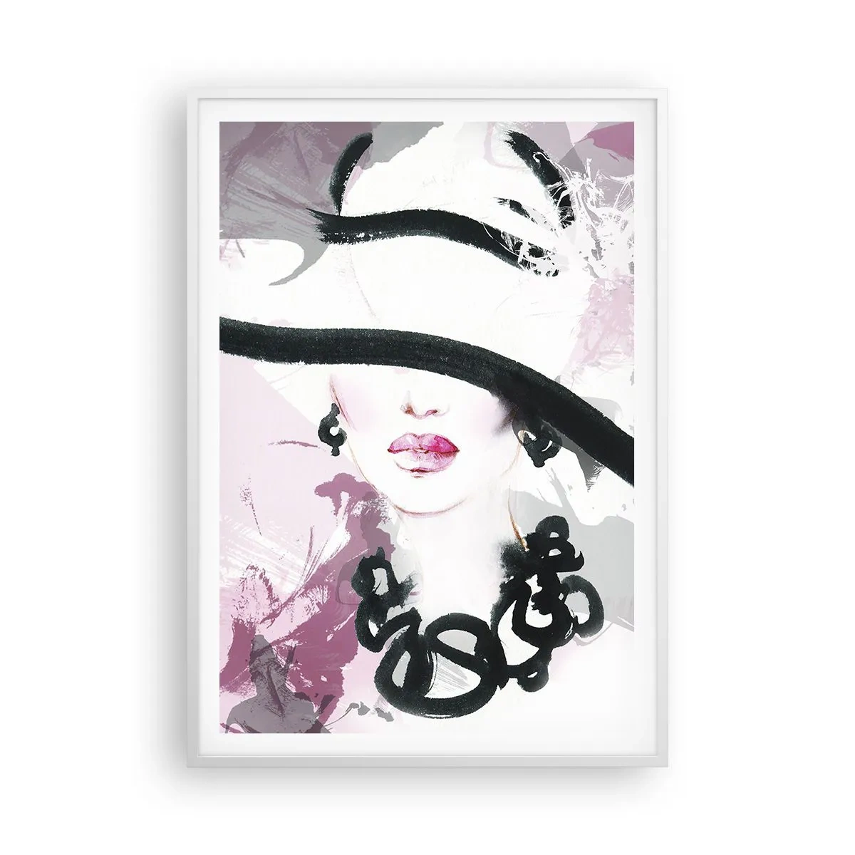 Poster in einem weißen Rahmen - Bildnis einer Dame in Schwarz und Pink - 70x100 cm