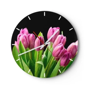 Wanduhr - Glasuhr - Ein Strauß rosa Tulpen mit Tautropfen auf dunklem Hintergrund - 30x30cm - Lila Frühlingsfreude - Moderne Wanddekoration für Wohnzimmer, Küche und Schlafzimmer ARTTOR