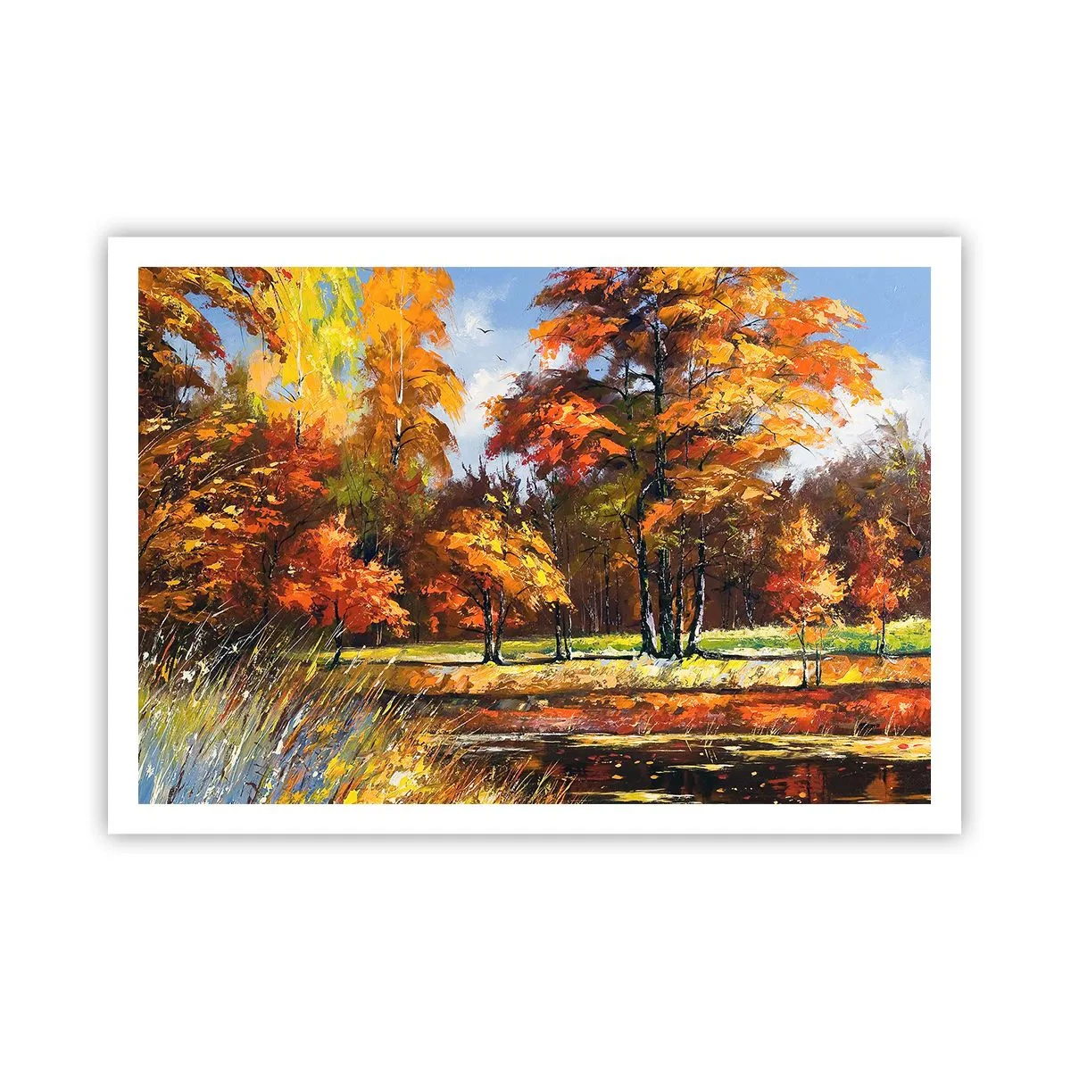 Poster - Herbstlandschaft mit bunten Bäumen und einem Teich - 100x70cm - Landschaft in Gold und Bronze - Moderne Wanddekoration für Wohnzimmer und Schlafzimmer ARTTOR