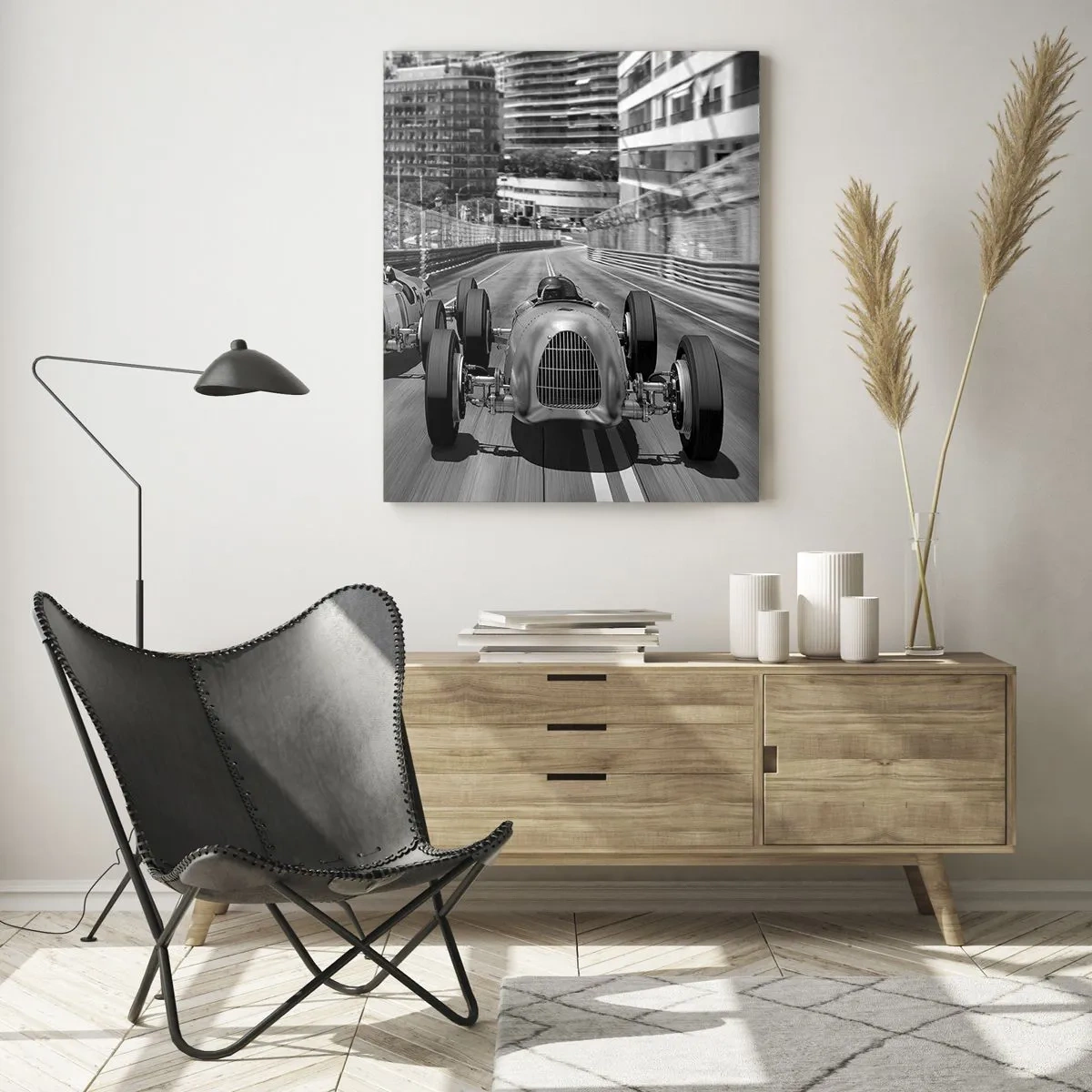 Glasbild - Bild auf glas - Monochrome Retro-Autorennen-Szene - 80x120cm - Vor langer Zeit in Monte Carlo - Moderne Wanddekoration für Wohnzimmer und Schlafzimmer ARTTOR
