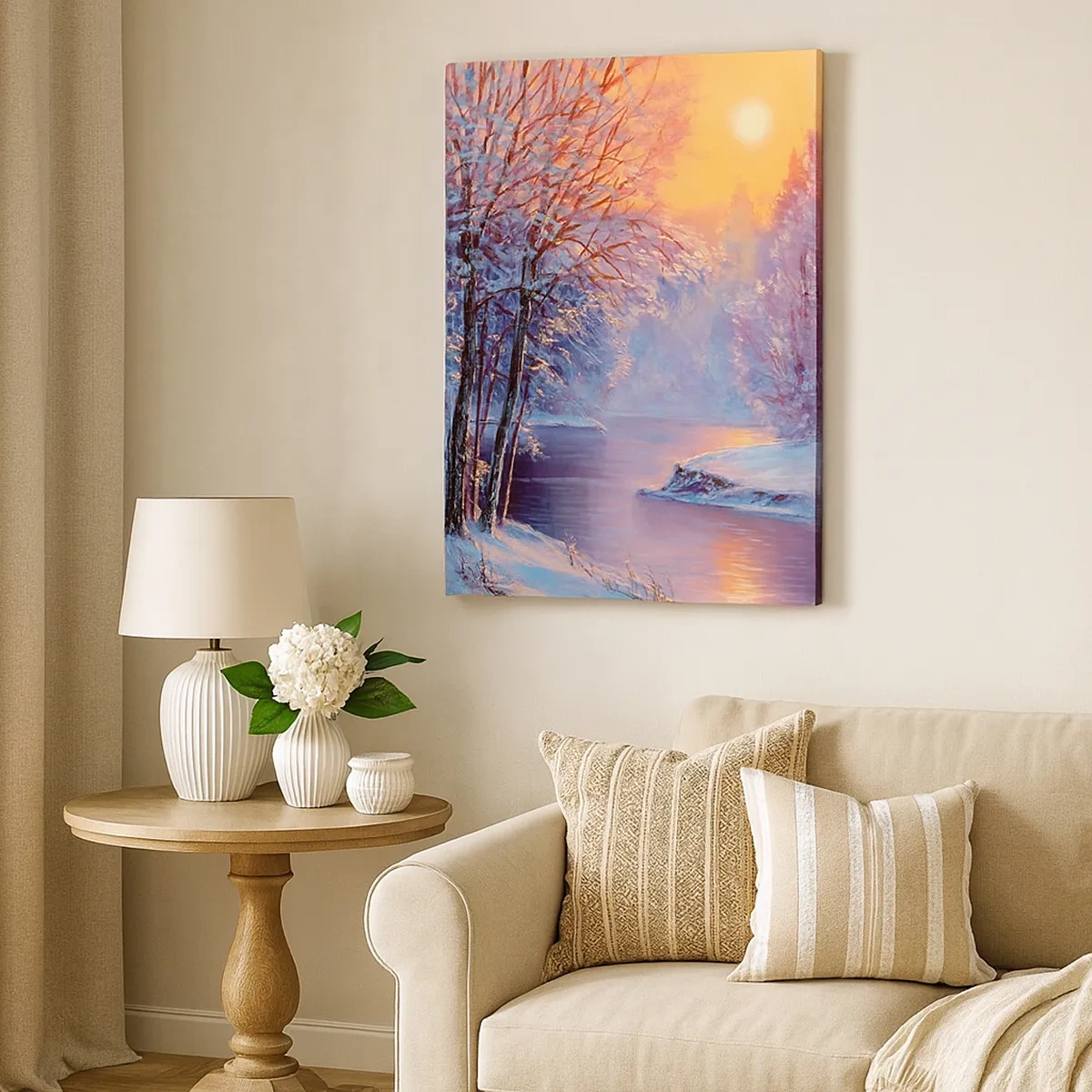 Bild auf Leinwand - Leinwandbild - Winterlandschaft mit Fluss und Bäumen bei Sonnenaufgang - 50x70cm - Die Farben des Winters - Moderne Wanddekoration für Wohnzimmer und Schlafzimmer ARTTOR
