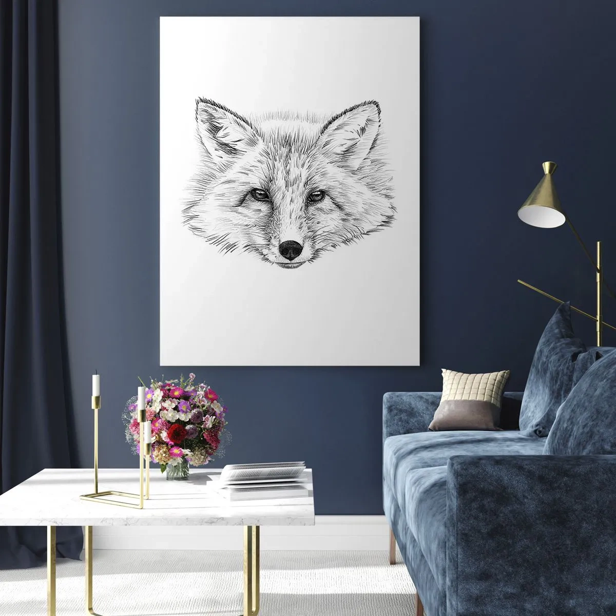 Glasbild - Bild auf glas - Zeichnung eines Fuchskopfes auf weißem Hintergrund - 50x70cm - Können diese Augen lügen? - Moderne Wanddekoration für Wohnzimmer und Schlafzimmer ARTTOR