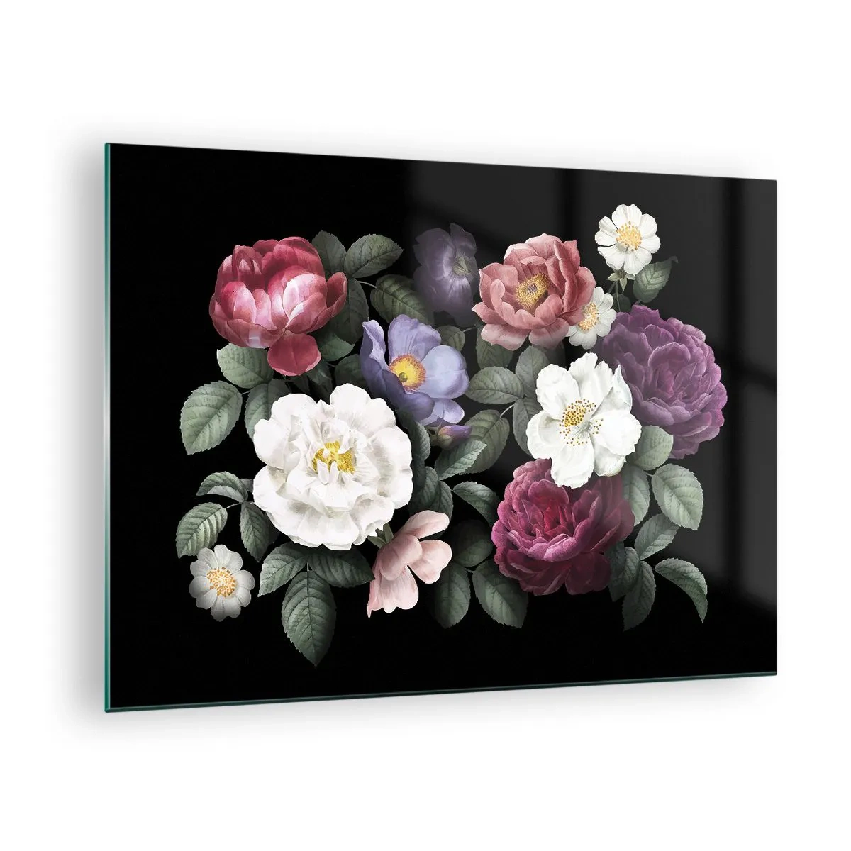 Glasbild - Bild auf glas - Florale Komposition mit Pfingstrosen auf schwarzem Hintergrund - 70x50cm - Aus dem Englischen Garten - Moderne Wanddekoration für Wohnzimmer und Schlafzimmer ARTTOR