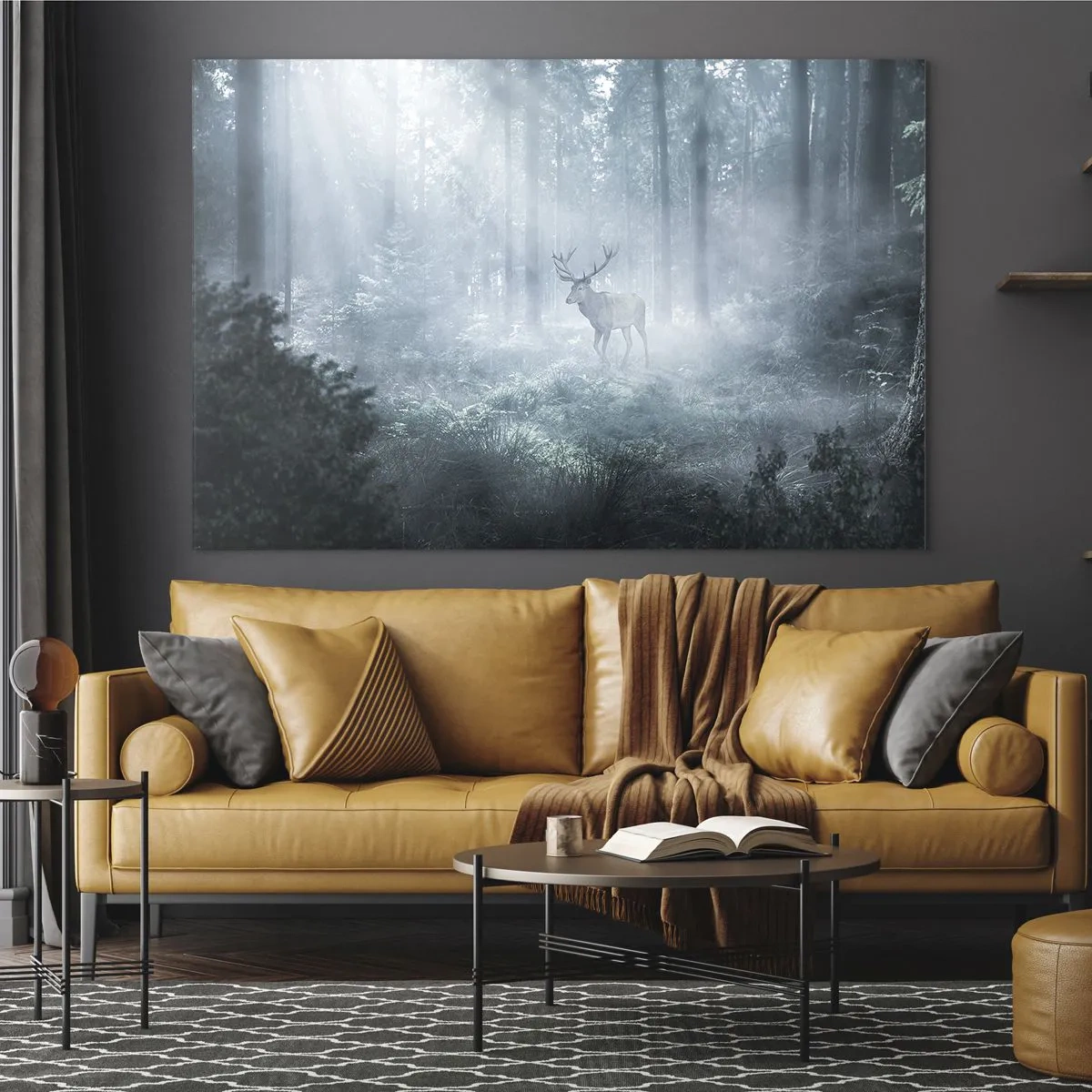 Glasbild - Bild auf glas - Ein Hirsch in einem nebligen Wald, beleuchtet von den Strahlen der Morgensonne - 100x70cm - Morgenvisite auf dem Grundstück - Moderne Wanddekoration für Wohnzimmer und Schlafzimmer ARTTOR