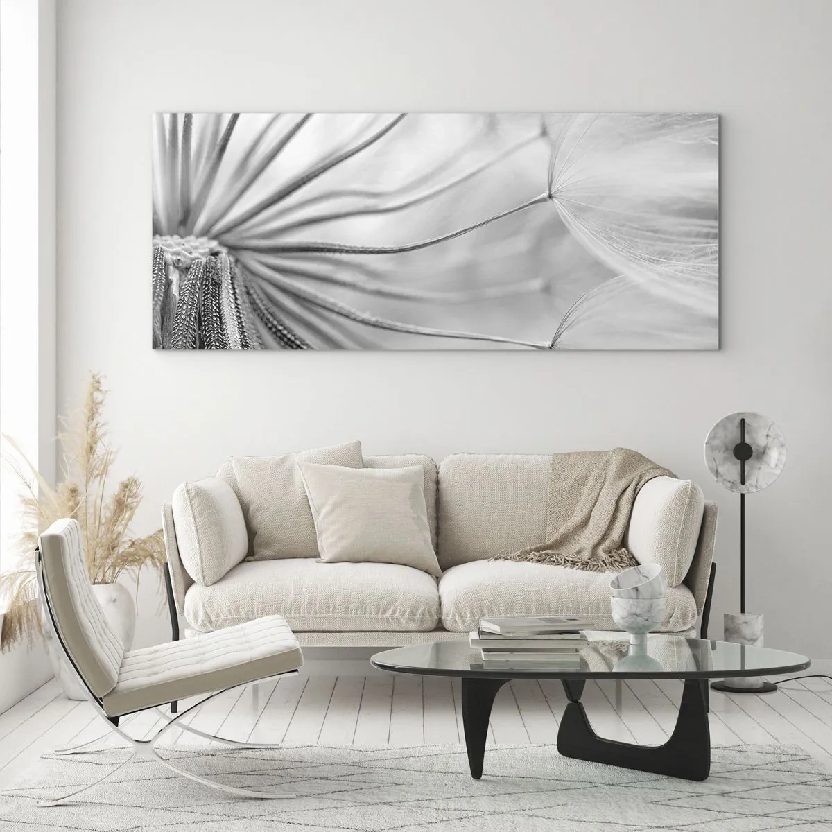 Glasbild - Bild auf glas - Zarte Pusteblumen in Schwarz-Weiß-Tönen - 140x50cm - Löwenzahn, Drachen - Moderne Wanddekoration für Wohnzimmer und Schlafzimmer ARTTOR