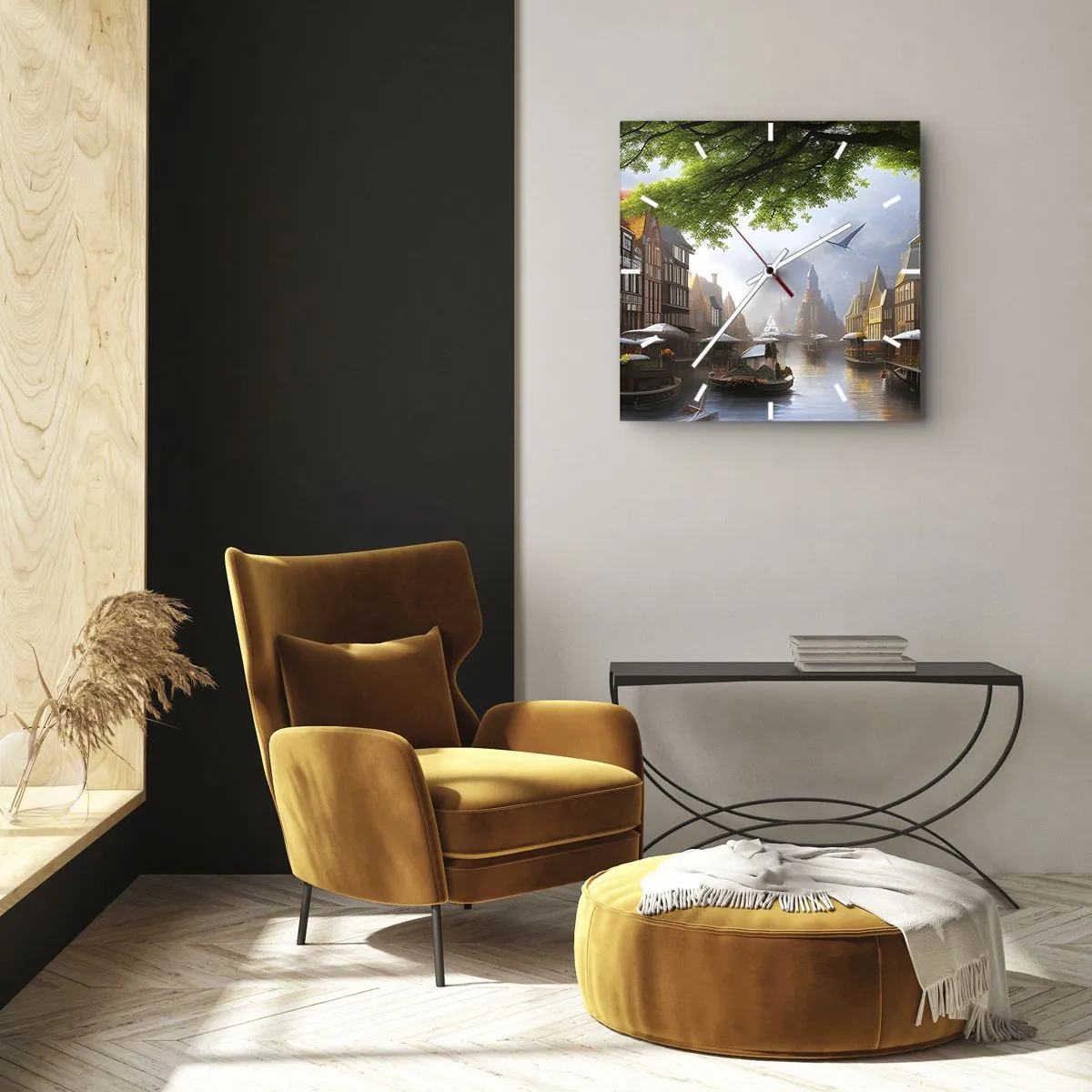 Wanduhr - Glasuhr - Niederländisches Stadtbild - 30x30 cm