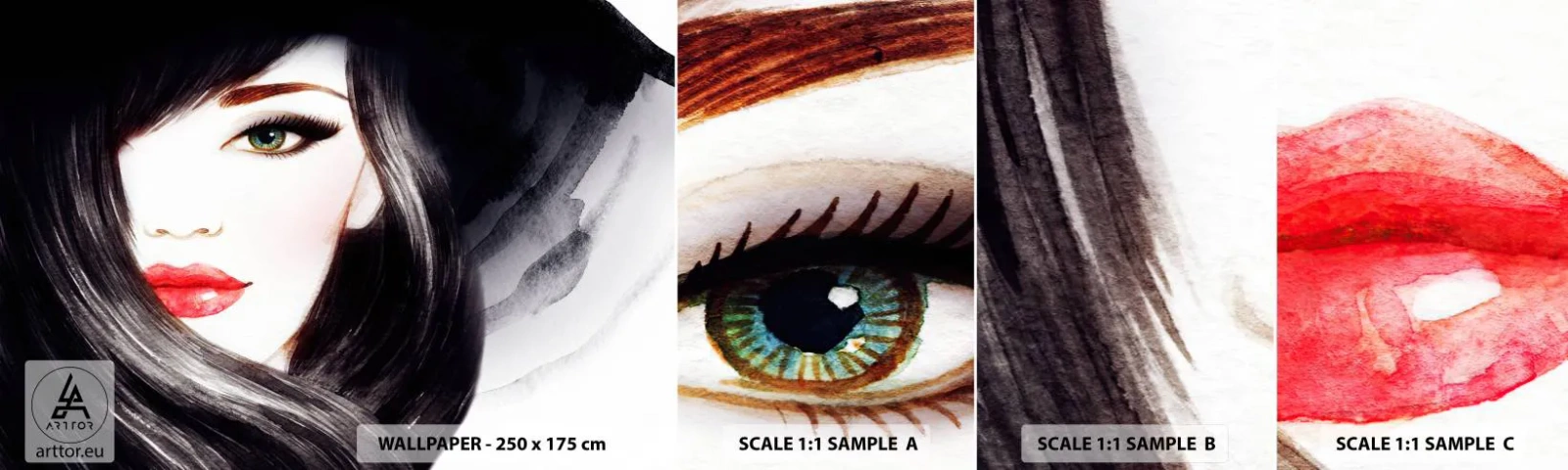 Fototapetenmuster Standard Eco - Saphir-Optik - Das Gesicht einer Frau, rote Lippen, Grüne Augen - 100x30 cm