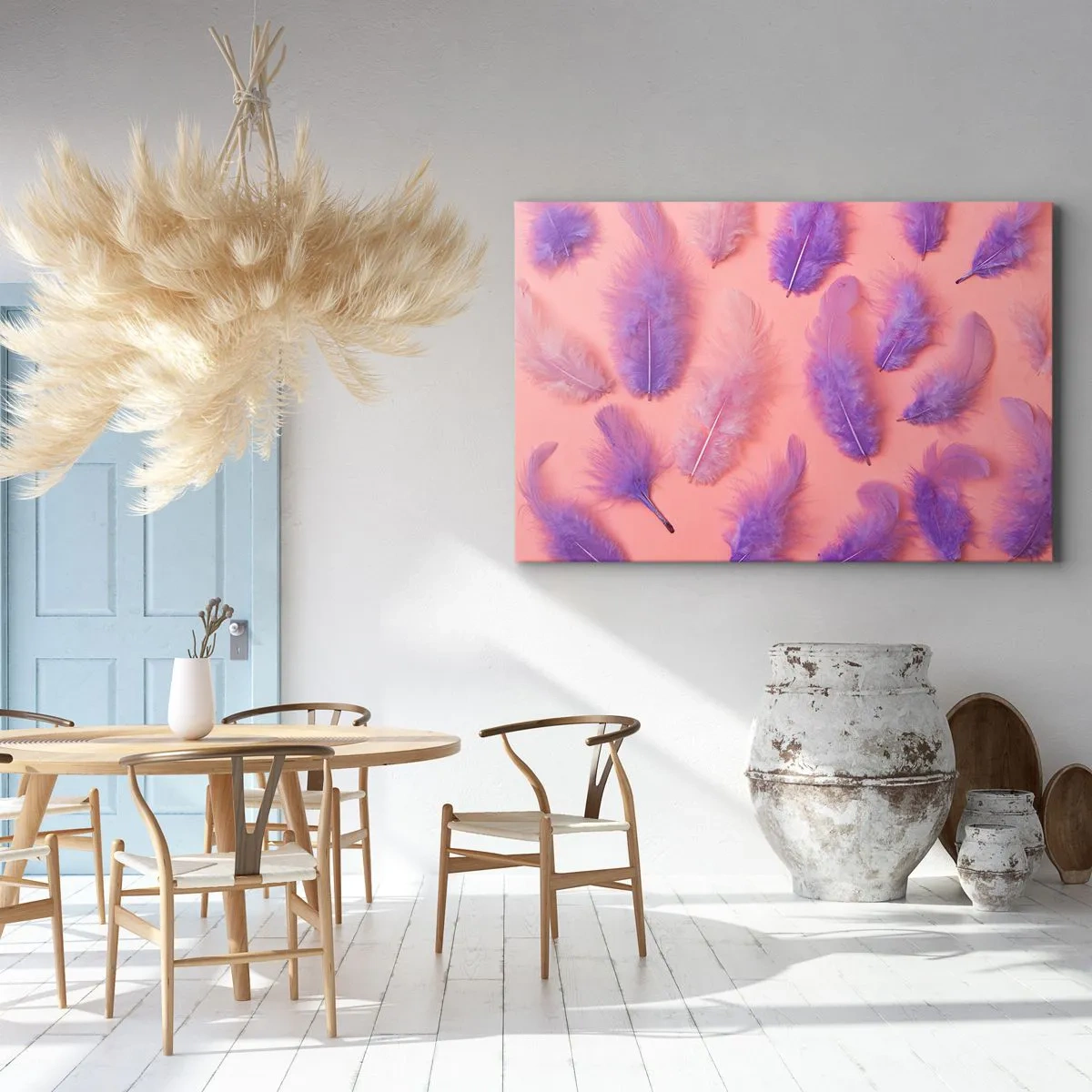 Bild auf Leinwand - Leinwandbild - Lila und rosa Federn auf pastellfarbenem Hintergrund - 120x80cm - Lila Vogel der Begierde - Moderne Wanddekoration für Wohnzimmer und Schlafzimmer ARTTOR